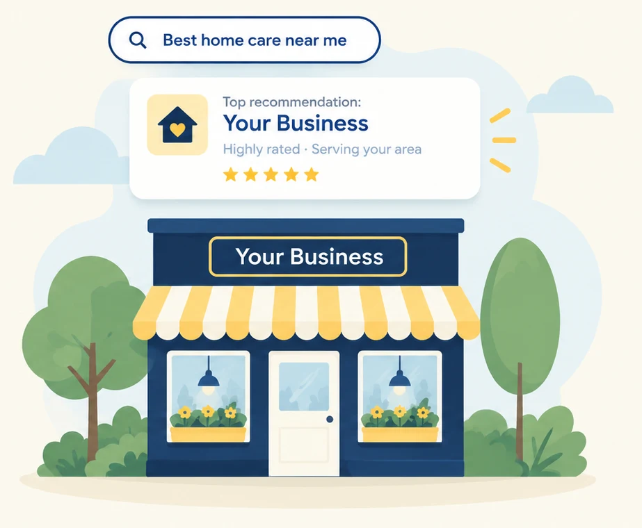 Illustration: a search for the best home care nearby, with Your Business shown as the top recommendation above a friendly storefront
